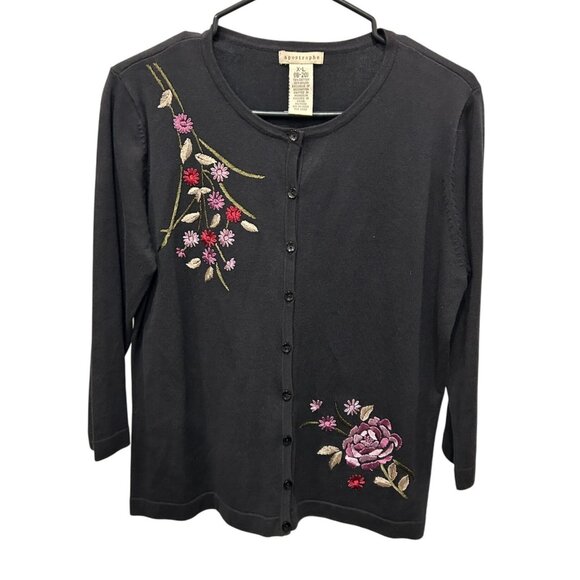 Apostrophe Womens 3D Flower Embroidered Black Cardigan Sweater Sz XL - Picture 1 of 8